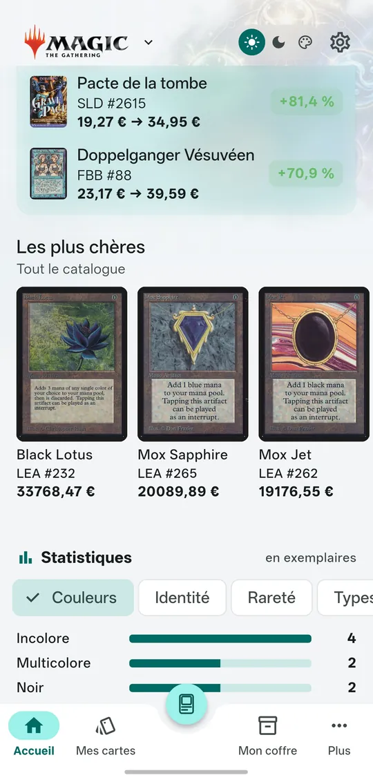Accueil Magic, mode clair : les cartes les plus chères du catalogue (Black Lotus, Mox) et les statistiques de la collection par couleur