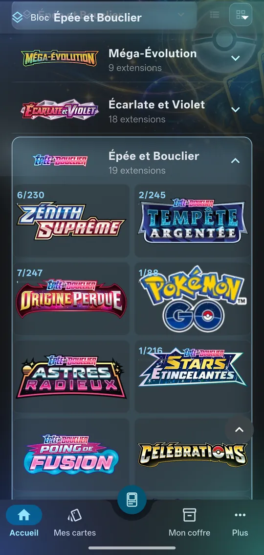 Extensions d’un bloc Pokémon avec la complétion « 6/230 » de chacune