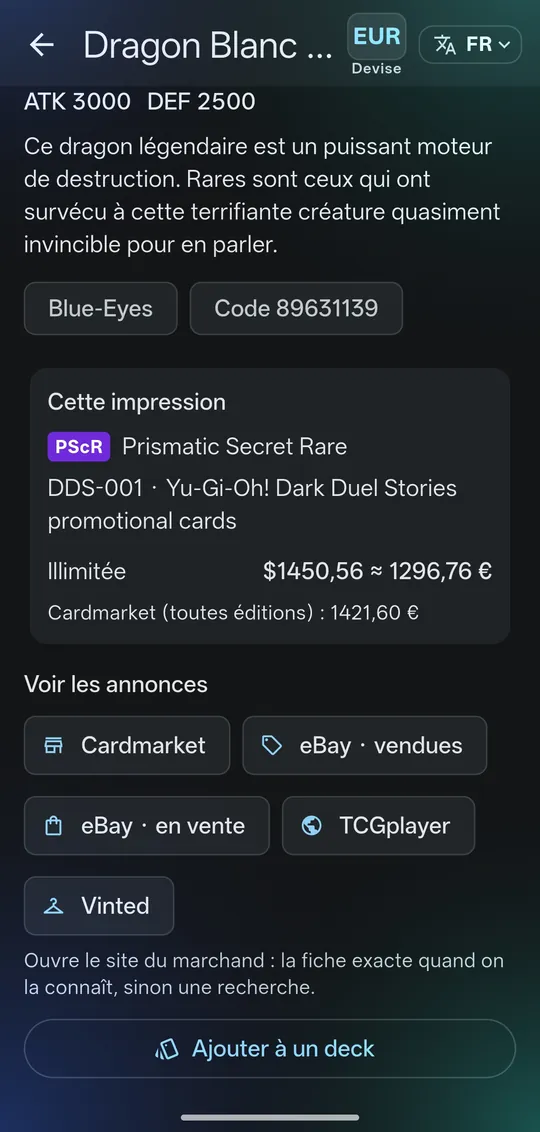 Prix d’une impression Yu-Gi-Oh! et liens vers les annonces Cardmarket, eBay, TCGplayer et Vinted
