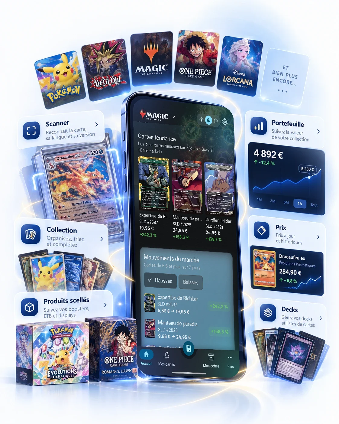L’accueil de GemCase sur un téléphone, entouré des jeux pris en charge — Pokémon, Yu-Gi-Oh!, Magic, One Piece, Lorcana et d’autres — et des fonctions scanner, collection, produits scellés, portefeuille, prix et decks