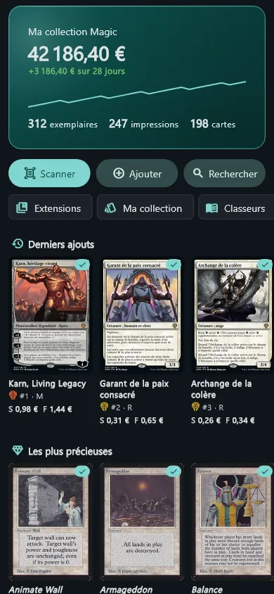Accueil Magic de démonstration : valeur de la collection, raccourcis, derniers ajouts et cartes les plus précieuses