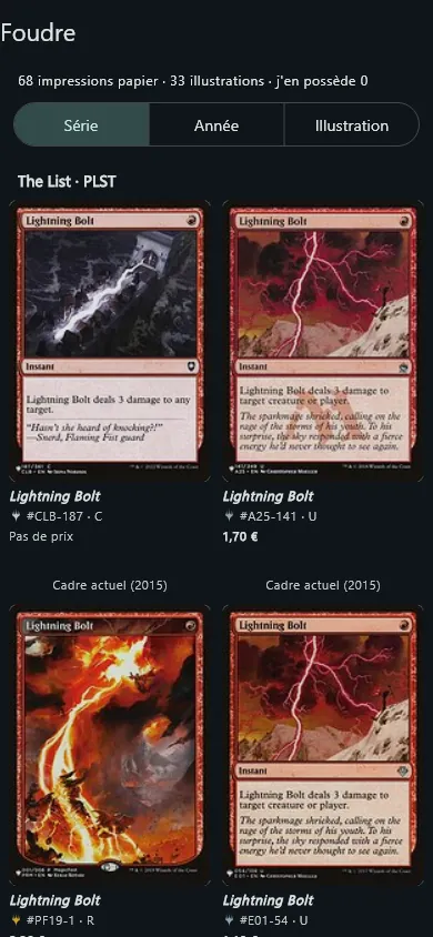 Toutes les impressions d’une carte Magic, par extension et par langue