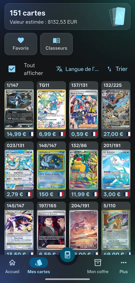 Mes cartes : valeur estimée de la collection, favoris, classeurs, grille d’exemplaires avec numéro, prix et drapeau de langue