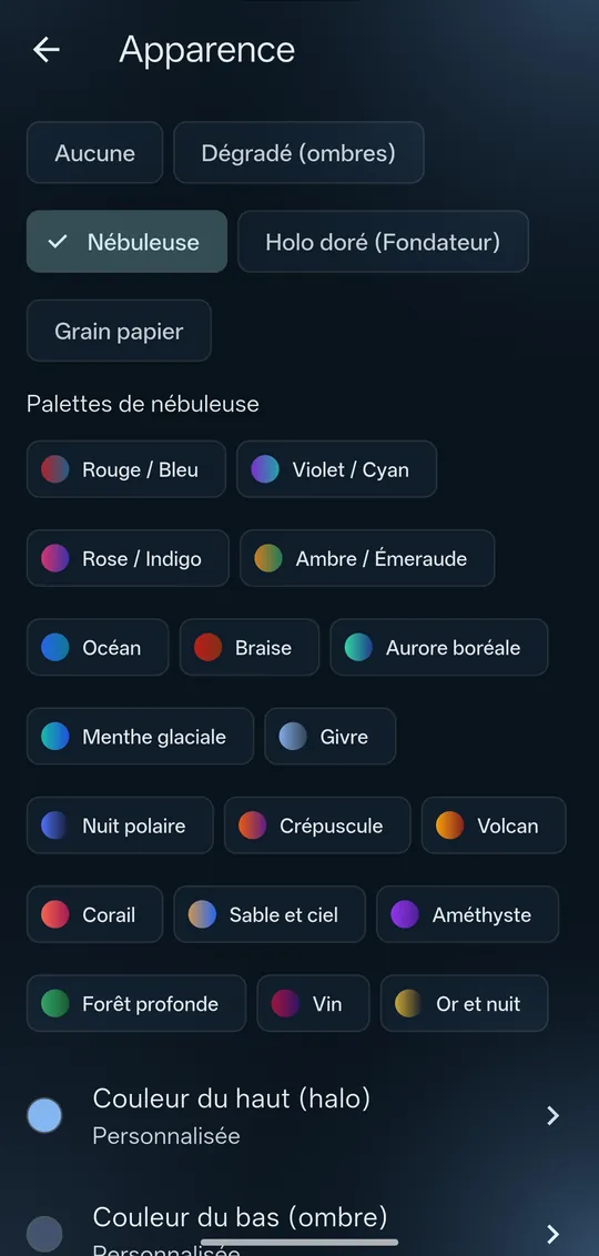 Réglages de la texture nébuleuse et de ses palettes de couleurs