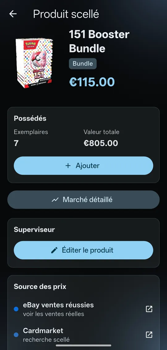 Fiche d’un produit scellé : prix, exemplaires possédés, valeur totale et sources de prix