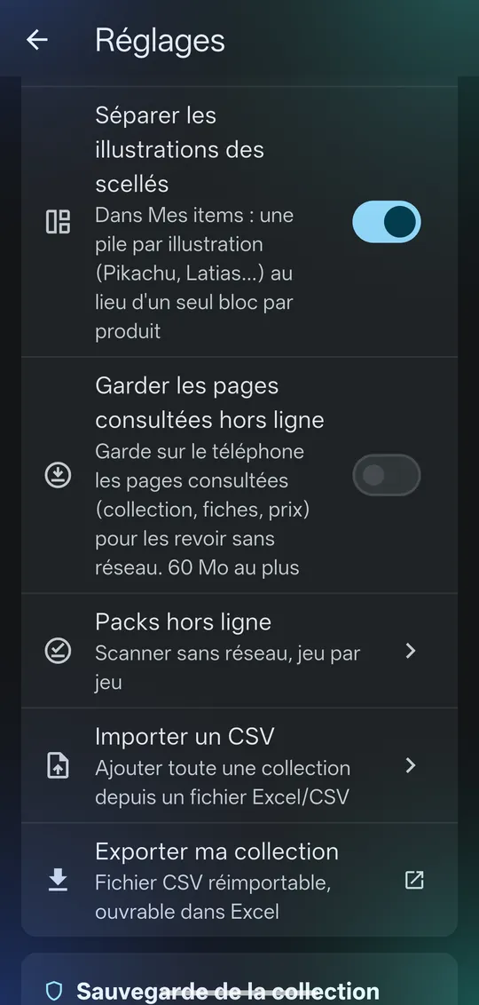 Réglages de la collection : illustrations des scellés, pages hors ligne, packs hors ligne, import et export CSV