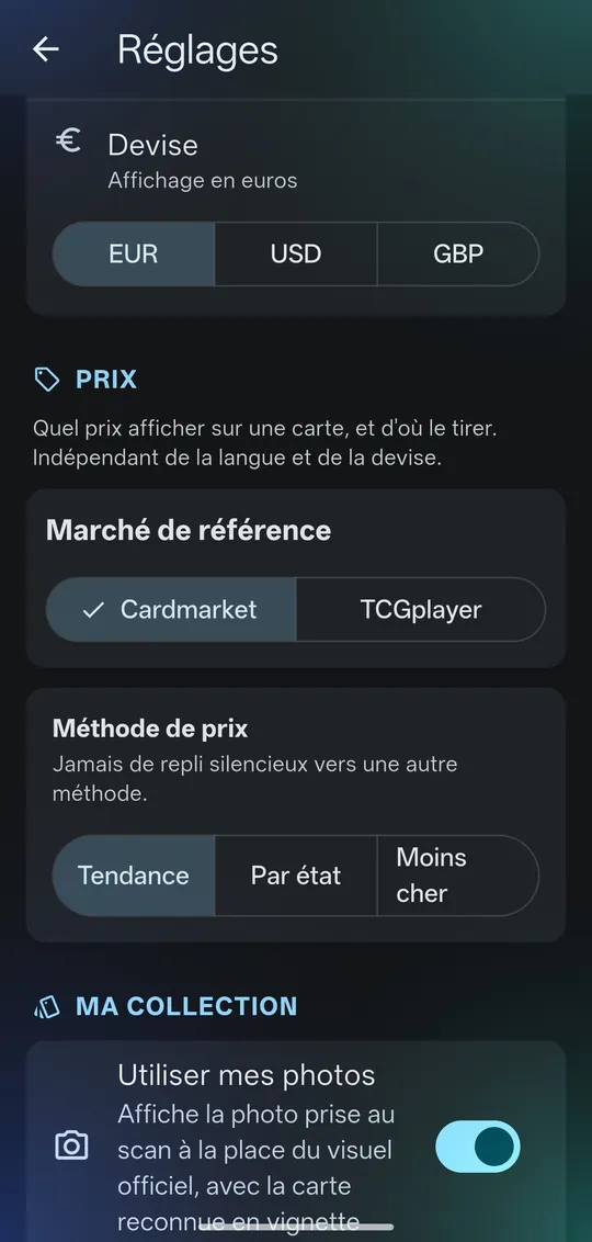Réglages des prix : devise, marché de référence Cardmarket ou TCGplayer, méthode tendance, par état ou moins cher