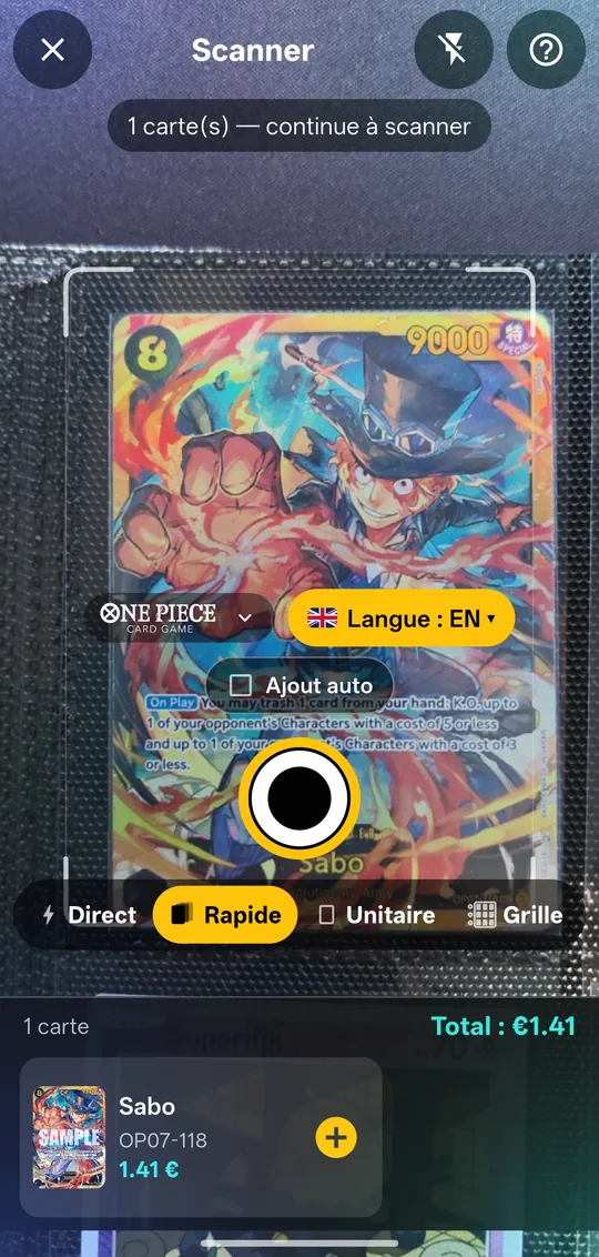 Scan One Piece en anglais : la carte Sabo reconnue et ajoutée à la pile du mode Rapide
