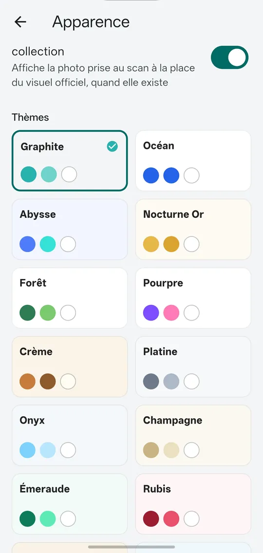 Réglages d’apparence : thèmes de couleur Graphite, Océan, Abysse, Nocturne Or et d’autres
